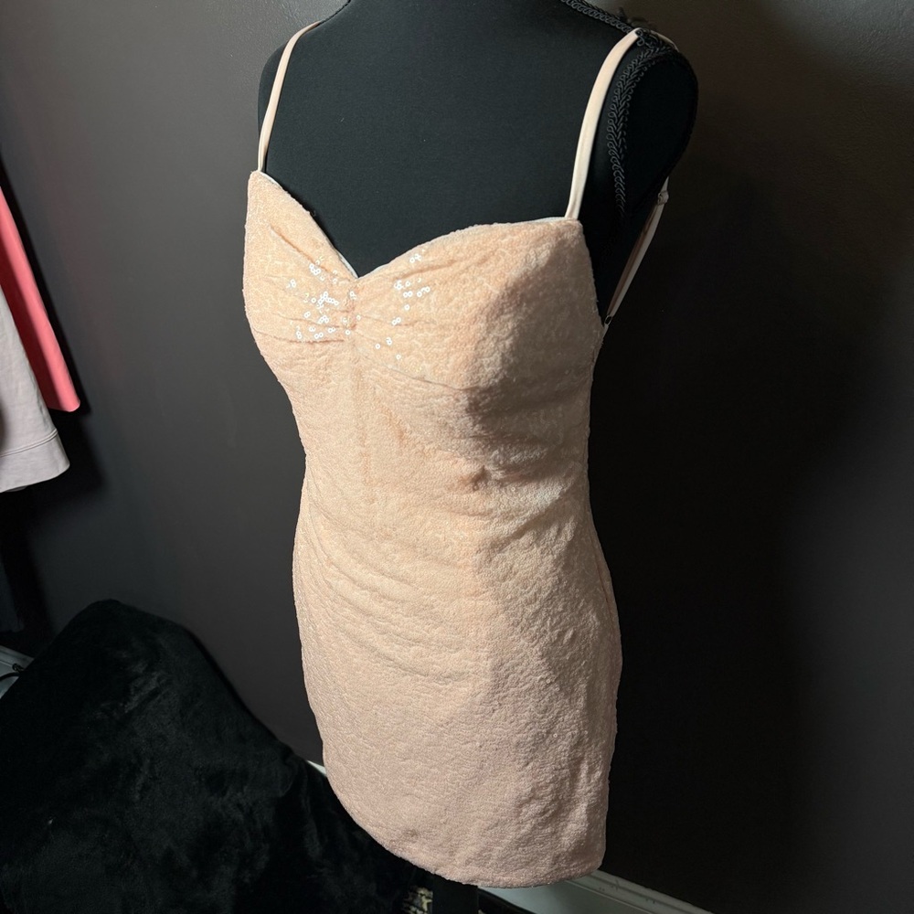 Blush Sequin Lace Mini Dress Size 4 | Spaghetti Strap Cocktail / Prom Dress NWT - Picture 2 of 5